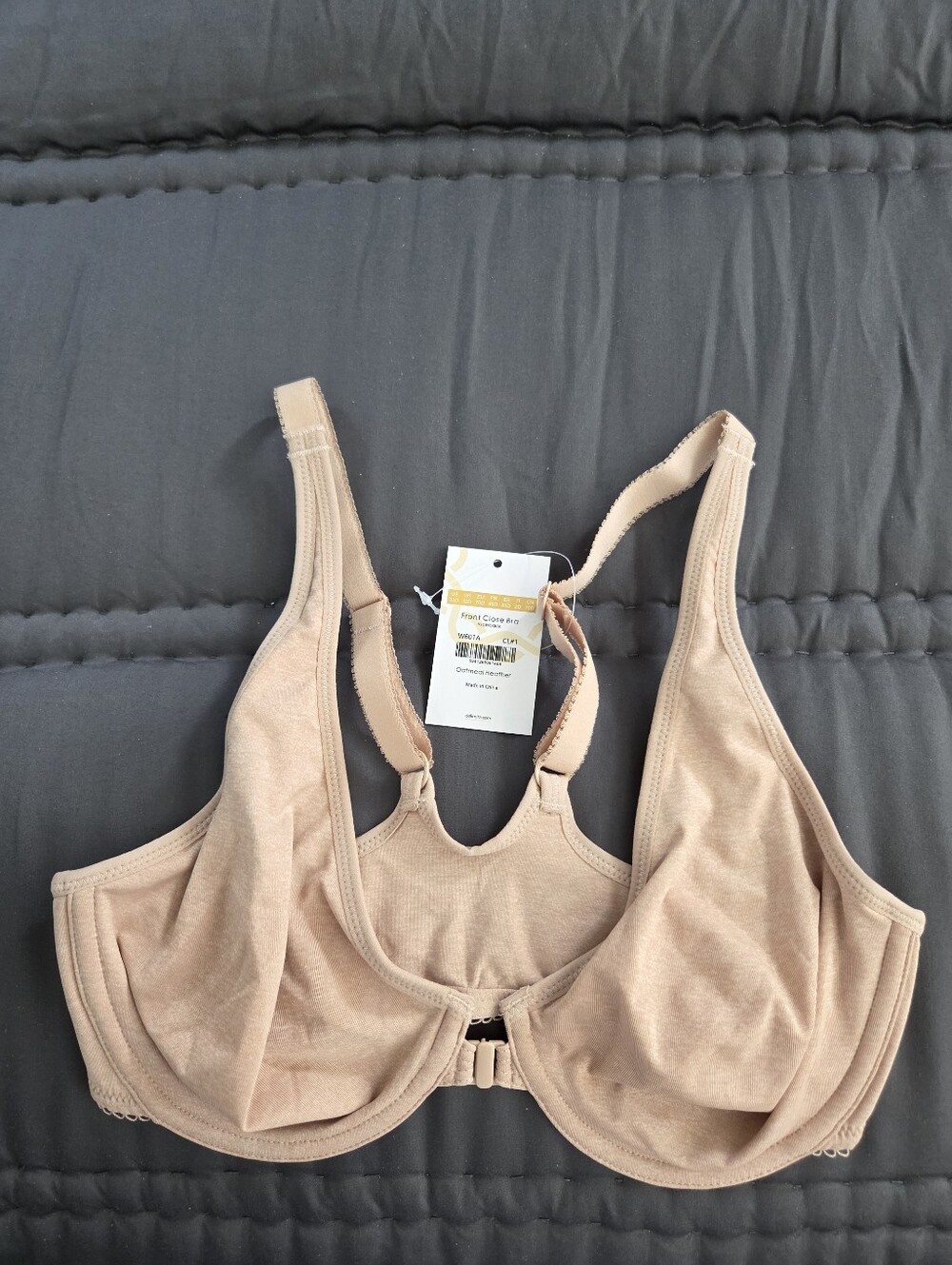 NWT Delmira Oatmeal Heather Color Racerback Front Close Underwire Bra 32D